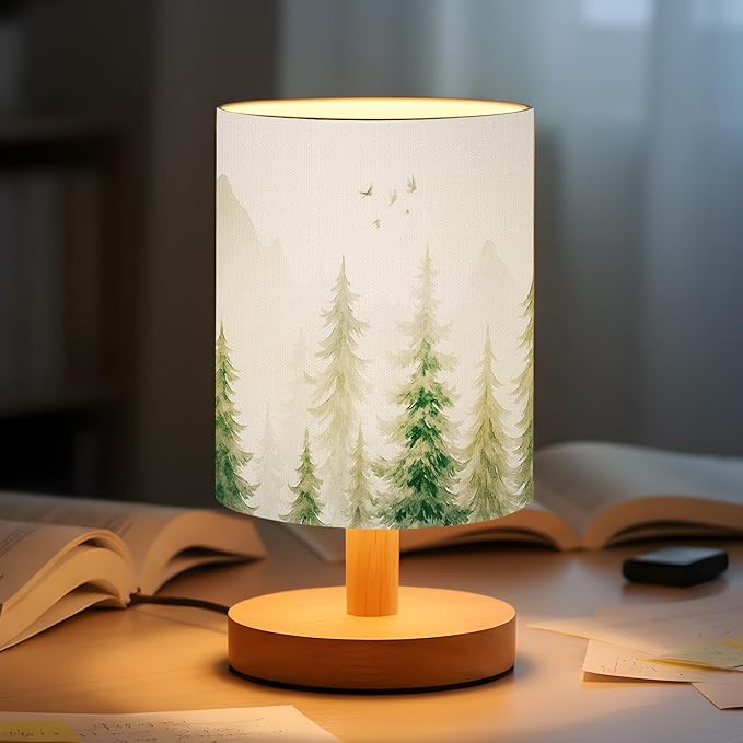 VIHOSE Pine Tree Bedside Table Lamp Forest Table Lamp Vintage Nightstand with Linen Fabric Shade Solid Wood Base Decoration for Kids Living Room Bedroom Desk Dorm