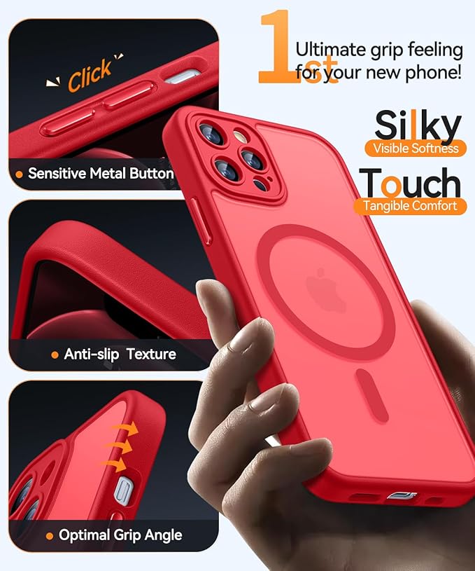 CANSHN Magnetic Compatible with iPhone 12 Pro Case, Upgraded [Full Camera Protection] [Compatible with Magsafe] [Translucent Matte] Shockproof Protective Phone Cover 6.1 Inch - Red