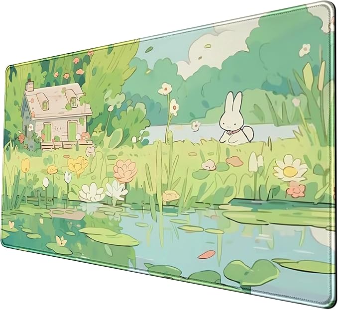 Cute Anime Bunny Forrest Green Mouse Pad Xl-31.5x15.7in-Desk Mousepad-Extended Aesthetic Keyboard Mouse Pad-for Desk Kid Girl with Stitched Edges Non-Slip Cozy Office Decor