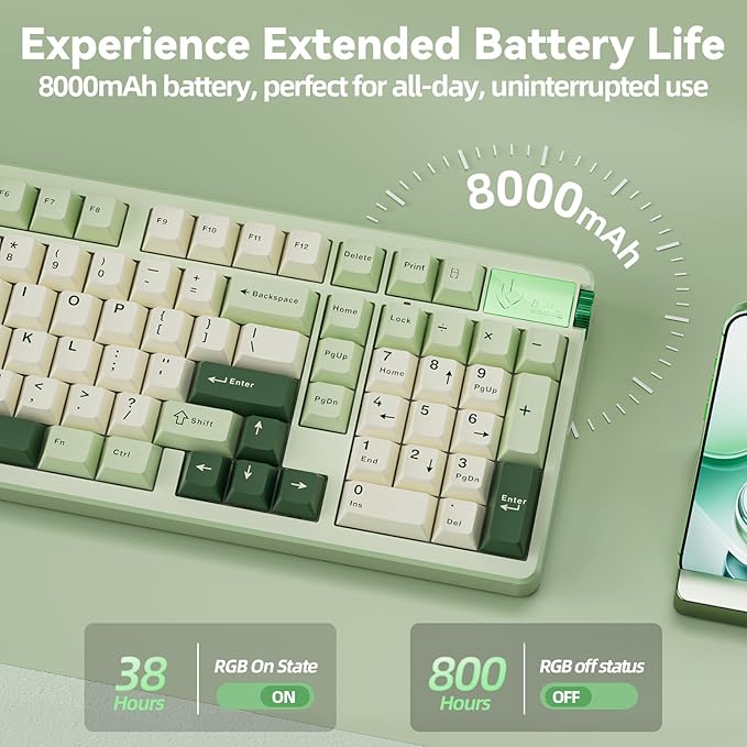 CORBOBO LEOBOG A98-96% Mechanical Keyboard Wireless, Tri-Mode BT5.0/2.4GHz/USB-C, Creamy Keyboard with Number Pad, Gasket Structure Hot Swappable, RGB Backlit Green Gaming Keyboards with Knob for PC