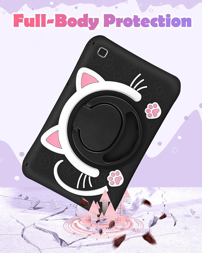 Wazzasoft for Samsung Galaxy Tab S6 Lite 10.4” Case Girls Cute Black Cat Cover Girly Kawaii Cartoon Women Kitten with Rotating Handle Stand & Strap Soft Silicon Funda for Samsung S6 Lite Tablet Cases