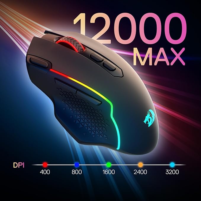 Redragon M810 MAX 3-Mode Wireless Gaming Mouse, 12000 DPI Wired/Wireless RGB Mouse w/Rapid Fire Key, 8 Macro Buttons, 188-Hour Reliable Power Capacity for PC/Mac/Laptop