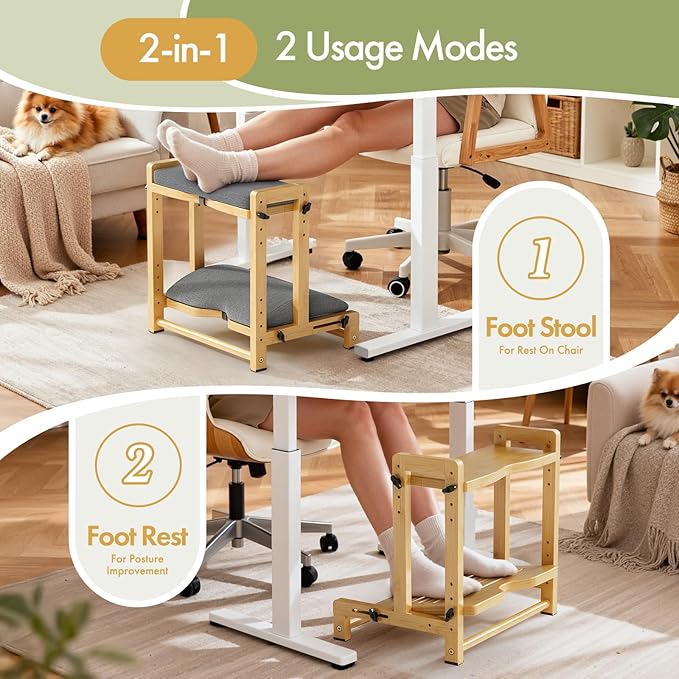 Double Step Foot Rest Under Desk, Adjustable Wooden Desk Foot Rest with 4 Heights, Ergonomic Foot Stool with Cushion for Office, Gaming & Study (Natural Color)