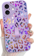 KANGHAR Compatible with iPhone 16 Case, Support for MagSafe, Silicone Cute Iridescent Leopard Cheetah Pattern, Wristband Kickstand Shockproof Protective Slim Cover for Women Girls, Purple
