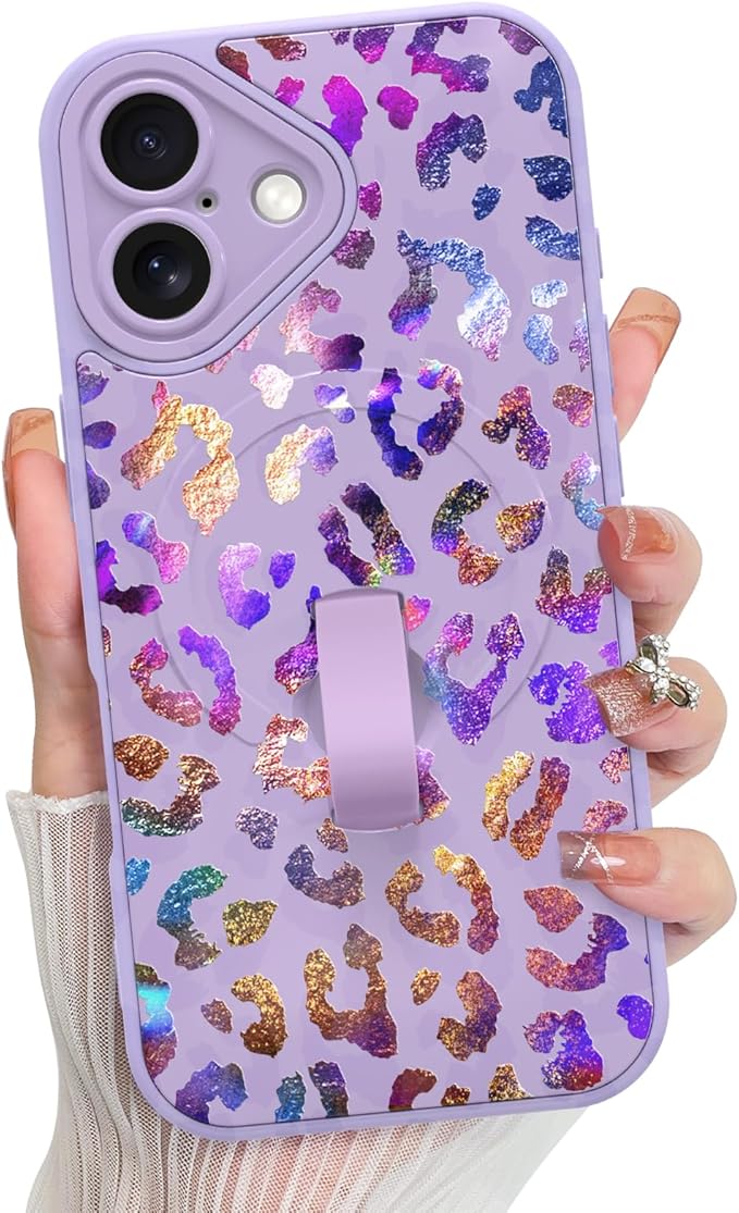 KANGHAR Compatible with iPhone 16 Case, Support for MagSafe, Silicone Cute Iridescent Leopard Cheetah Pattern, Wristband Kickstand Shockproof Protective Slim Cover for Women Girls, Purple