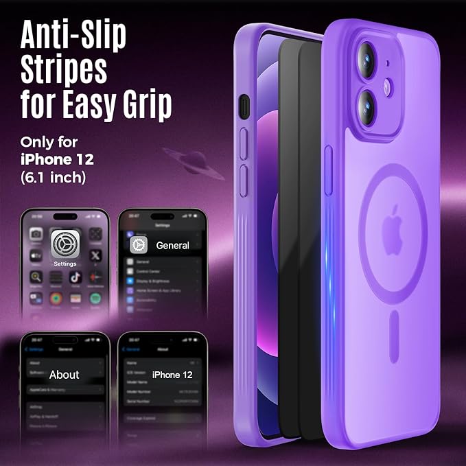 Symcele Designed for iPhone 12 Case, Compatible with MagSafe, with Privacy Screen Protectors X2, [Camera Protection] [15FT Military Drop Protection] Shockproof Phone Case, 6.1", Light Purple