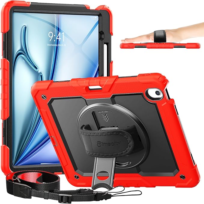 timecity for iPad Air 13 Inch Case M4 2026/ M3 2025/ M2 2024, 360° Rotating Stand, Pencil Holder & Wireless Charging, Shockproof with Screen Protector & Shoulder Strap - for Designers, Red