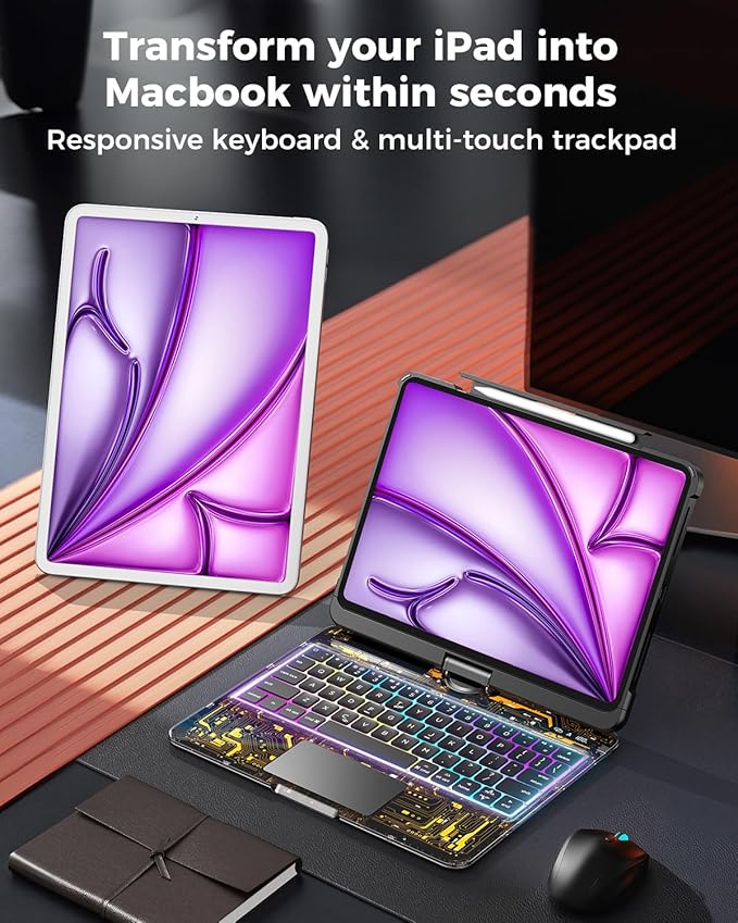 SIBEITU Clear Wireless Keyboard Case for iPad Air 13-inch M4/M3/M2 (2026/20252024) & iPad Pro 12.9-inch 6th 5th 4th 3rd Gen, Precision Trackpad & 7-Color Backlit, Pencil Holder, 360°Rotatable, Black