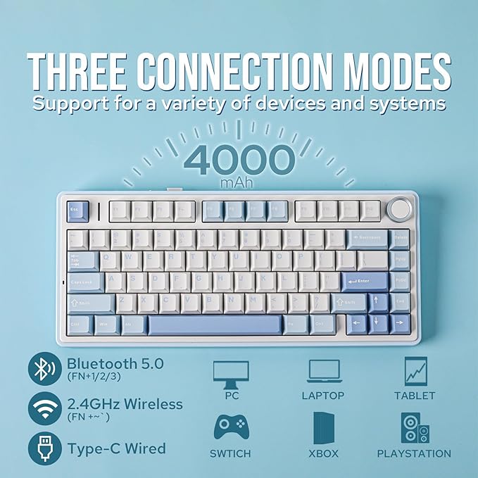 EPOMAKER x Aula F75 Gasket Mechanical Keyboard, 75% Wireless Hot Swappable Gaming Keyboard with Five-Layer Padding&Knob, BT/2.4GHz/USB-C, RGB (Sea Salt Blue, LEOBOG Reaper Switch)