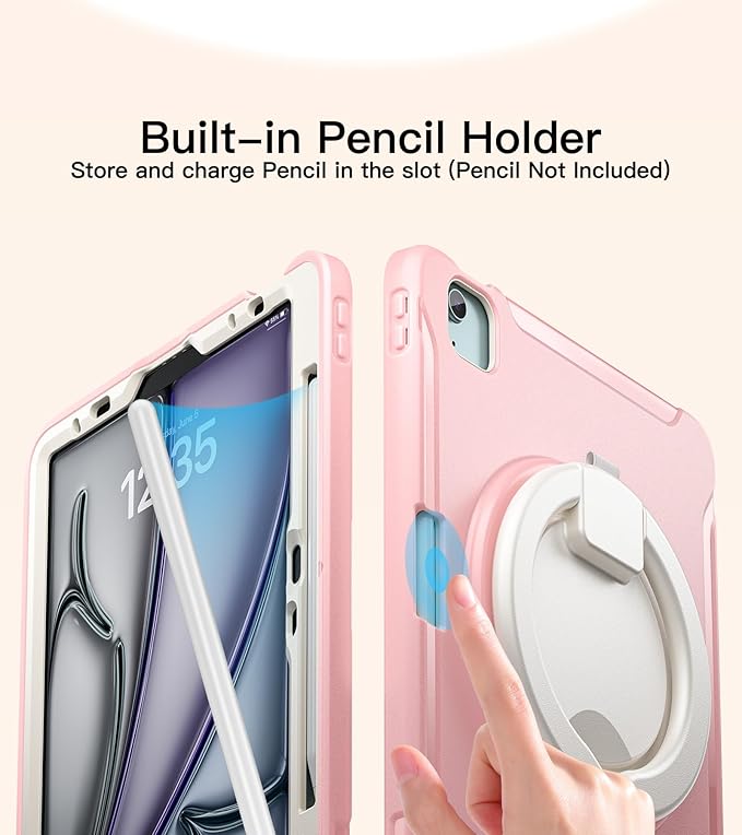 BATYUE Shockproof Case for iPad Air 11" M2/M3/M4, Air 4/5 10.9", iPad Pro 11" 1st-4th Gen 2018-2022 | 360° Multi-Angle Stand (Portrait & Landscape) & Grip, Built-in Pencil Holder, Pink