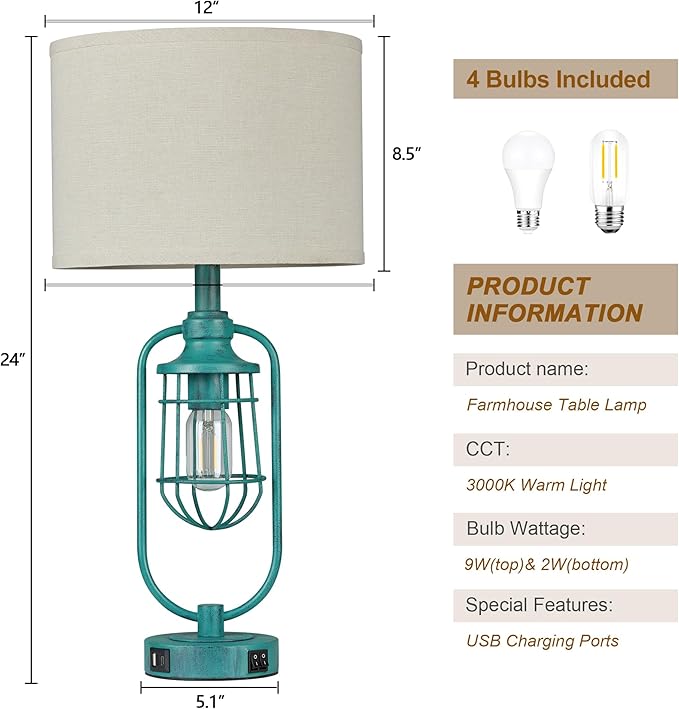 Table Lamps for Living Room End Table Set of 2, Farmhouse Lamps for Night Stands, Industrial Bedside Lamps for Bedroom with USB A+C, Bulbs Included