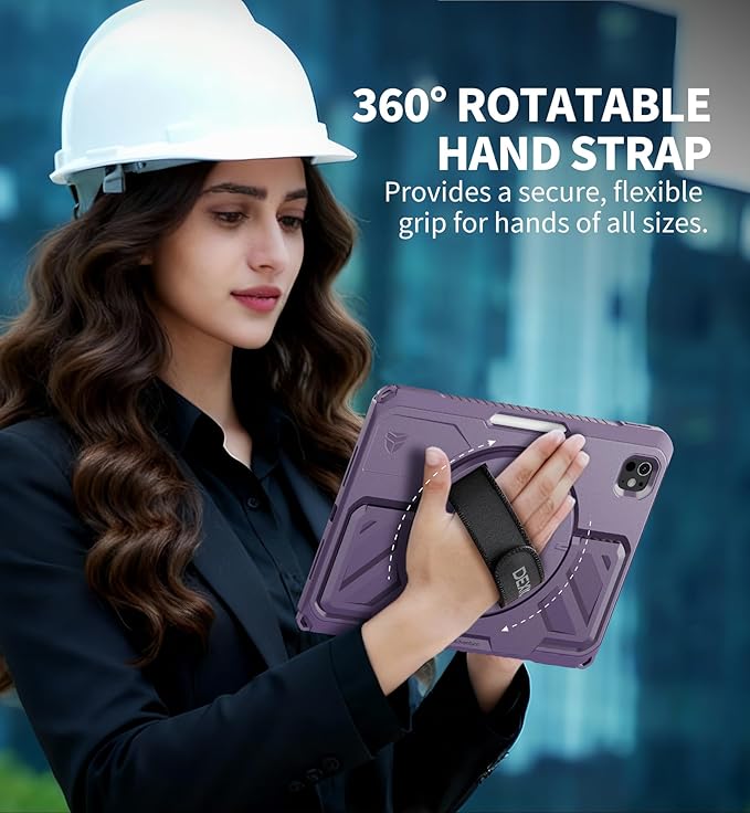 Dexnor for iPad Pro 11 inch Case M5 2025/M4 2024, Rugged Protective Case with 360° Rotating Hand Strap & Large Steady Stand & Screen Protector & Pencil Holder Shockproof Full-Body Bumper Cover, Purple