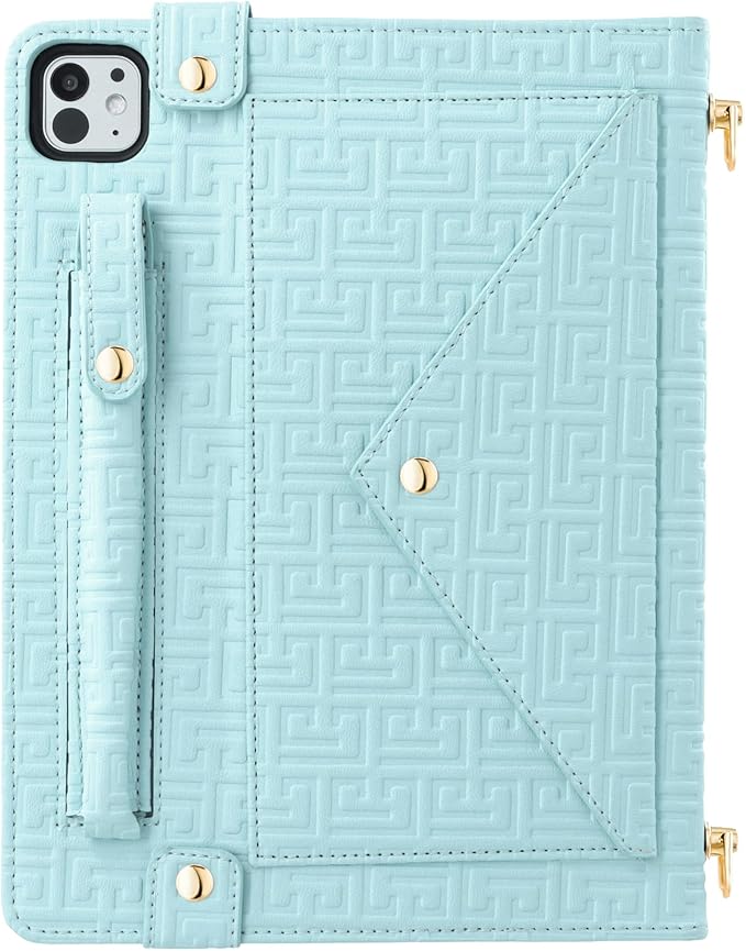 Handbag Case for iPad Pro 13-inch M5 2025/M4 2024, Techcircle Elegant Crossbody PU Leather Folio Envelope Pocket Stand Cover with Hand Strap+Shoulder Strap+Pencil Holder+Card Slots, Baby Blue