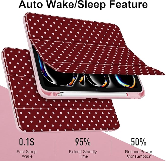 TWOLSKOO Case for iPad Pro 11-inch (M5 2025 / M4 2024), Clear Acrylic Back with TPU Bumper, Pencil Holder, Trifold Stand, Auto Sleep/Wake, Red Polka Dot