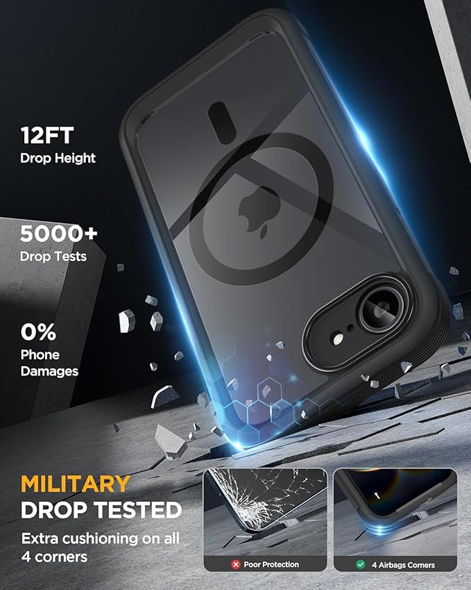Miracase for iPhone 17e Case & iPhone 16e Case, Full-Body Phone with Built-in Glass Screen Protector, [Magnetic with MagSafe] Military Drop Proof 17 E/ 16 E Cover Bumper 6.1 inch, Black