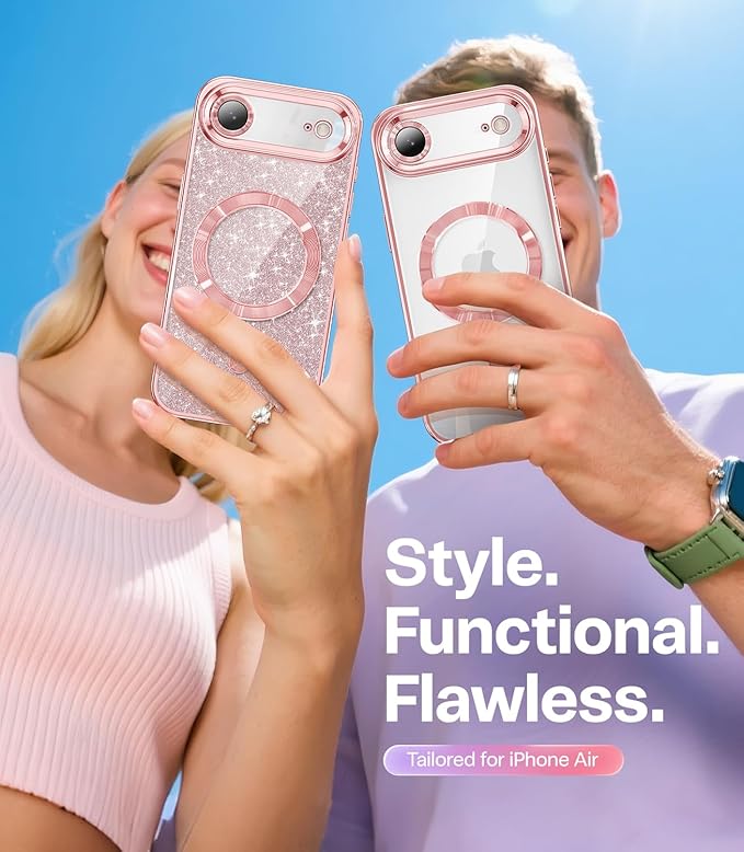 Meifigno Designed for iPhone Air Case 6.5", [Glitter Card & Wrist Strap] [Compatible with MagSafe] [1X HD+1X Privacy Screen Protectors] Lens Protection Slim Case Designed for iPhone 17 Air, Rose Gold