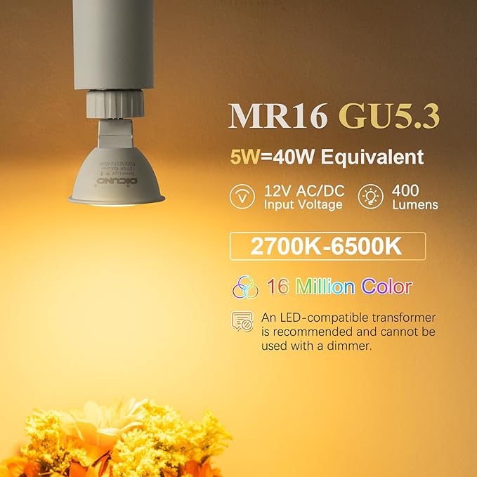 DiCUNO MR16 Smart Bulbs Alexa, RGBCW Color Changing Light, 5W GU5.3 Smart Bulb Compatible with Google Home, Dimmable with App, 2.4GHz WiFi, AC/DC 12V, Bi-pin Base, 400LM, Landscape Light, 4-Pack