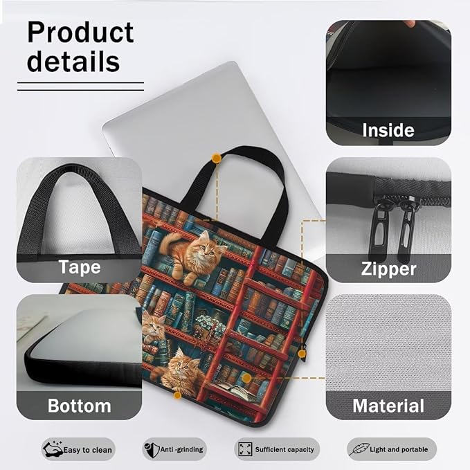Vintage Bookshelf Laptop Sleeve Case Computer Cover Compatible with 10-17 Inch Tablet Cute Cat Protective Carrying Bag Briefcase Carrying Case, 12 Inch, Book Lover