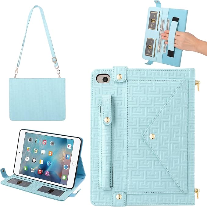 Handbag Case for iPad mini 5th 4th 3rd 2nd 1st Generation (Prior to 2019), Techcircle Elegant Crossbody Folio Stand Wallet Case with Pencil Holder, Card Slots, Hand Strap, Shoulder Strap, Baby Blue