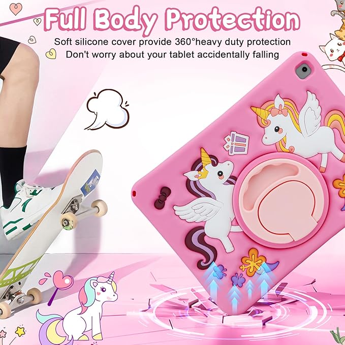 HianDier for iPad 9th Generation Case/iPad 8th Generation Case/iPad 7th Generation Case Cute Unicorn Silicone Tablet Cover with Detachable Strap and Rotatable Stand Shockproof Cover-Rose Pink