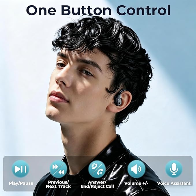 occiam Active Noise Cancelling Earbuds Wireless Bluetooth Headphones 90Hrs Playback Stereo Bass Earphones with Mic Over-Ear Hooks IPX7 Waterproof Headset for Work Sports Running Glossy Black