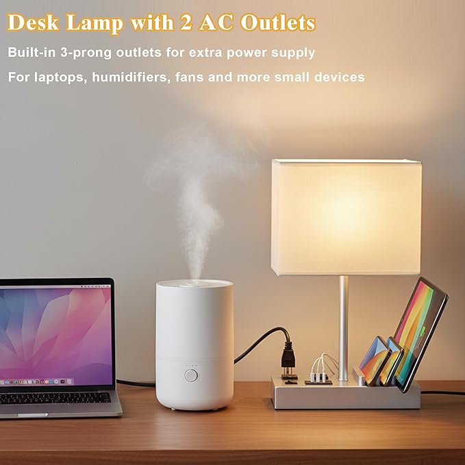 Briever Upgraded 3 USB Table Lamp with 2 USB A & C Charging Ports, Bedside Desk Lamp with 2 AC Outlets and Wooden Phone Stand Organizer, Nightstand Lamp for Bedroom, Living Room, Office, Silver Base