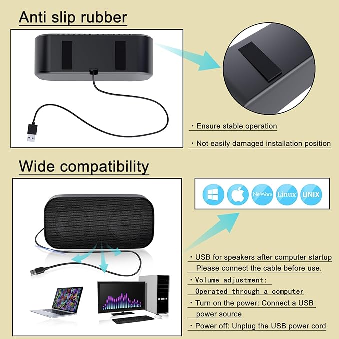 Computer Speaker for Desktop, Wired PC Speaker, Portable USB Speaker for Laptop, Plug and Play, Sound-bar for Office, Home and Gaming (Black-M)