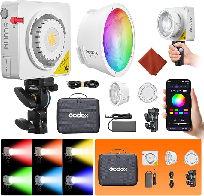 Godox ML100R RGB COB LED Video Light Portable with Carry Bag 110W Full-Color 1800K-10000K CRI 97+/TLCI 98+ 14 FX Effects Support APP Control for Studio/Live Streaming/Outdoor
