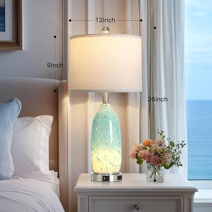 Rinweey 26" Bule Glass Table Lamps Set of 2,Nautical lamp with USB A+C Ports & AC Outlet,Coastal Bedside Lamps with 3-Way Dimmable Touch Control Night Light for Bedroom Living Room,Sky Blue