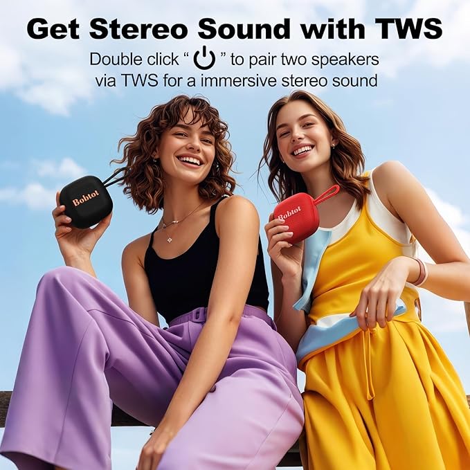Bobtot Portable Bluetooth Speakers, Wireless IPX7 Waterproof Mini Speaker with 16H Playtime, Loud Stereo Sound, TWS, Built-in Microphone, Small Size with Lanyard, Red