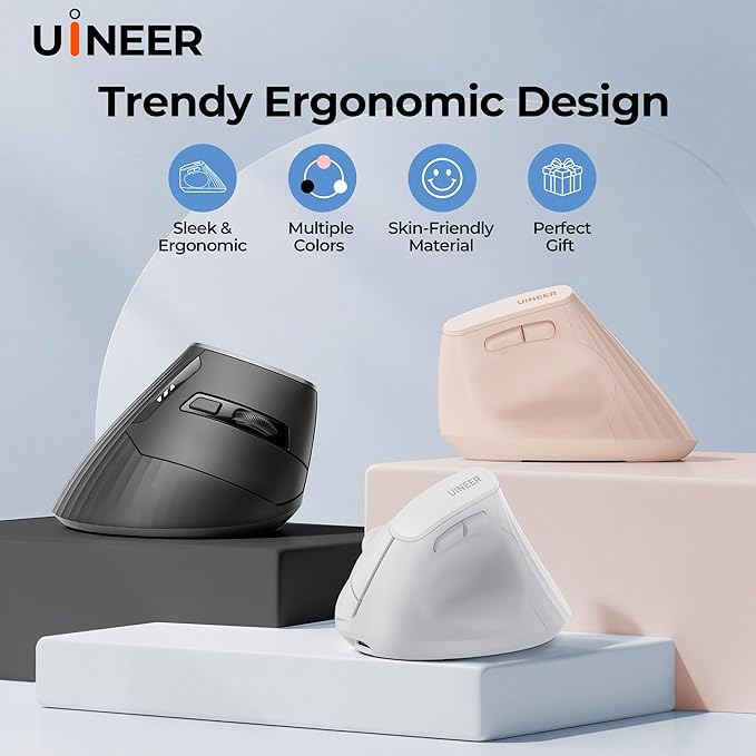 Uineer Wireless Ergonomic Mouse, Bluetooth Mice (BT4.0/5.0 and 2.4G) Rechargeable Vertical Mouse, 3 Multi-Device Connectivity for PC/Mac/Laptop/Computer, 4 DPI Quiet Clicks for Office, Home-Black
