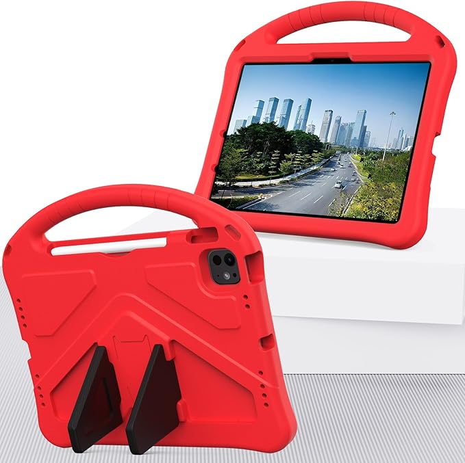 Kids Case for iPad Pro 11-Inch 2022/2021/2020/2018 (4th/3rd/2nd/1st Generation) & iPad Air 5th/4th Gen Case 2022/2020 10.9" with Kickstand/Handle/Pencil Holder Stand Girl Boy Cover, Red