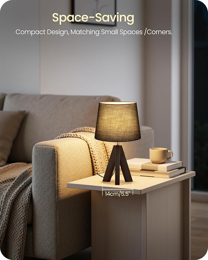 Tripod Table Lamp, 14.6" Small Bedside Lamp, Modern Nightstand Lamp with Black Shade & Dark Walnut Base, Boho Desk Lamp for Bedroom, Kids Room, Living Room, Study, E26 Socket, VB51TL05