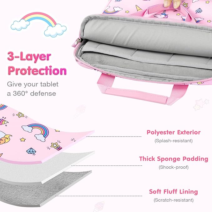 MoKo 10-12.5 Inch Kids Tablet Sleeve Carrying Case for Fire HD 10 13th/11th Gen, Fire HD 8/7 Kids 2022, Tablet Bag with Shoulder Strap for 10/10.1 Inch Android 12/13, Pink Unicorn