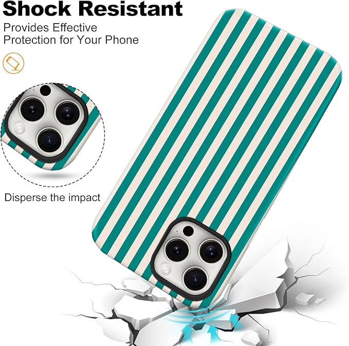 Magnetic for iPhone 15 Pro Max Case Cute Stripes Phone Case, Shockproof Slim TPU and Hard PC Protective Phone Cover Compatible with MagSafe Designed for Women Girls, Emerald Green