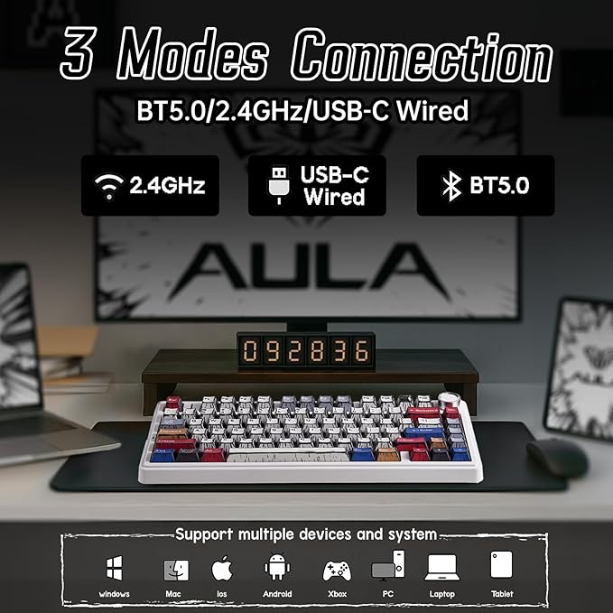 Aula F75 Wireless Mechanical Keyboard,Creamy Keyboard with RGB Backlit Hot Swappable, 81 Keys 75% Layout Gaming Keyboard, Bluetooth/2.4GHz/Type-C, Creamy Sounding - Reaper Switches