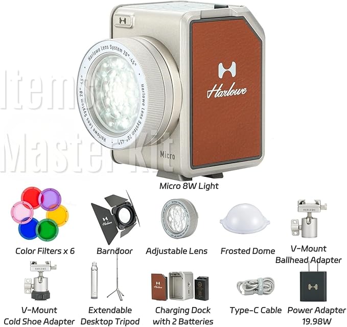 Harlowe Micro Portable Led Light for Photo and Video Recording 8W Bi-Color 2700K-6500K CRI/TLCI 96+ Soft Fill Lighting Kit for Studio and Travel Creators Micro Master Kit
