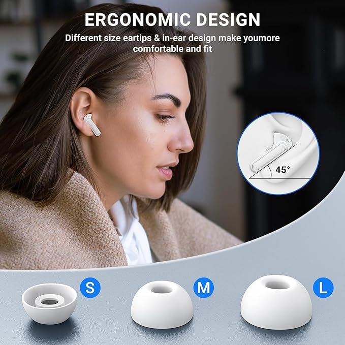 True Wireless Earbuds Bluetooth 5.3 Mic Noise Cancelling IPX7 Waterproof Hi-Fi Stereo Sound Long Battery 42H Playtime Auto Pairing for iPhone Headphones pro,White