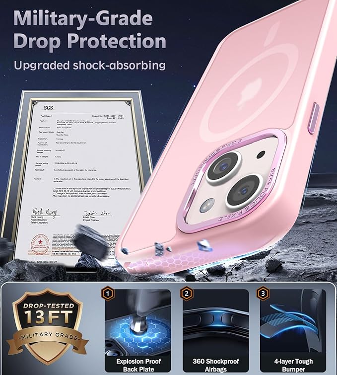 Newfuture Magnetic for iPhone 15 Case [Compatible with Magsafe] [Military Grade Drop Protection] Translucent Matte Anti-Fingerprint Shockproof Phone Case for iPhone 15 6.1 inch, Tender Pink