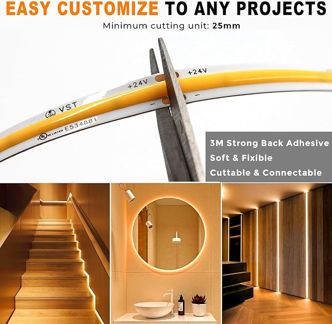 VST 16.4ft COB LED Strip Lights Cool White 6500K, 12V Dimmable LED Tape Light, 48w, 2400LEDs, Ra 93+, IP30, Lighting for Kitchen, Cabinets, UL Listed (Power Source Not Included)