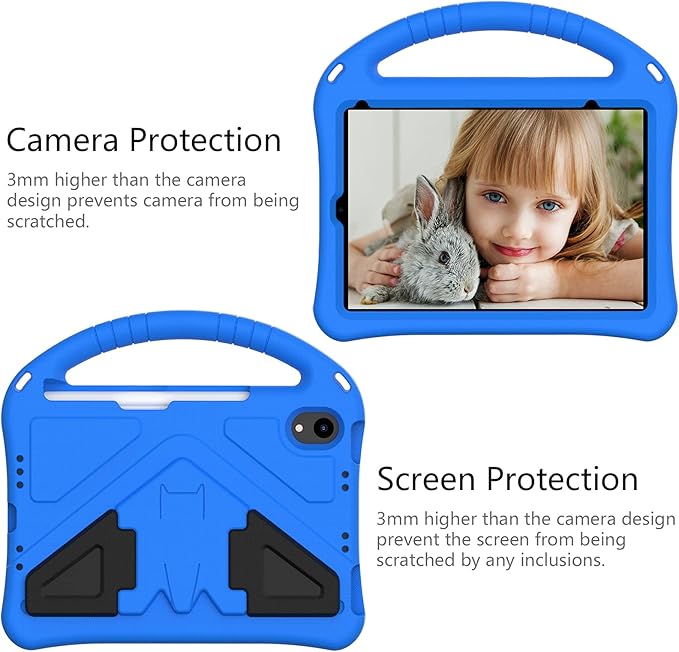 Light Weight Shock Proof EVA Foam Rugged Handle Stand Kids Friendly Anti-Slip Grip Protective Case for iPad Mini 7 (2024) & 6th Generation, Blue