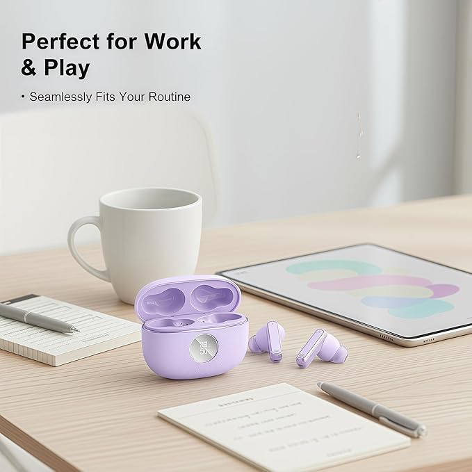 Bluetooth Wireless Earbuds - 40-Hour Battery Life, HiFi Stereo, Noise-Canceling Mic, LED Display, IPX7 Waterproof, in-Ear Headphones for Laptops/Mobile Phones/Sports, Purple