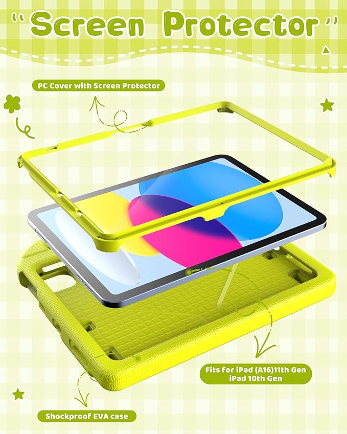 Kids Case for iPad A16 11th Gen 11-Inch 2025 & iPad 10th Generation (10.9" 2022), Durable Shockproof Fully-Body Cover with Screen Protector/Pencil Holder/Stand/Handle for Kids, Light Yellow