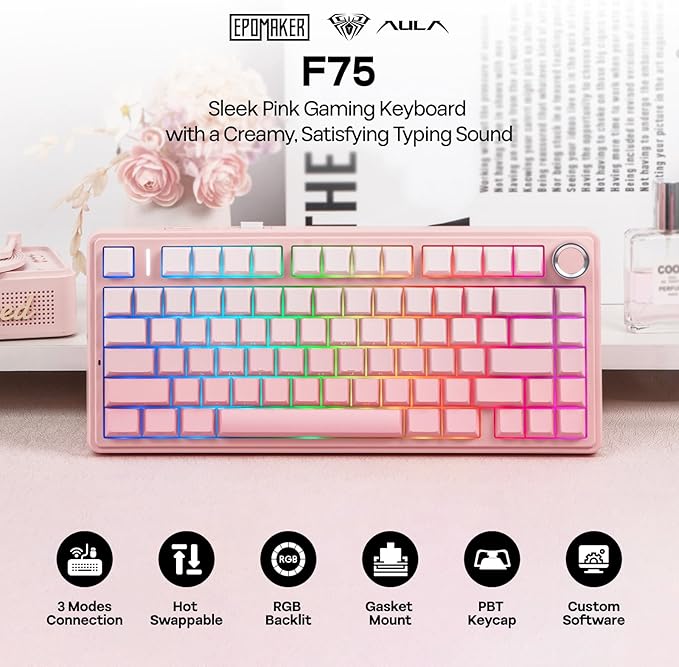 EPOMAKER X Aula F75 75% Wireless Gaming Keyboard, BT/2.4GHz/USB-C, Hot Swappable Creamy Mechanical Keyboard with 5-Layer Padding&Knob, NKRO, RGB (Pink)