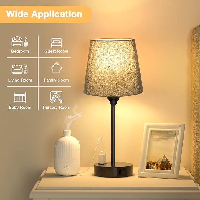 Black Lamp for bedrooms Set of 2 - Nightstand Bedroom Lamp with USB C Port and AC Outlet Charging, 3 Way Dimmable Touch Control Bed Side Table Lamp, Small Night Stand Light for Men/Kids