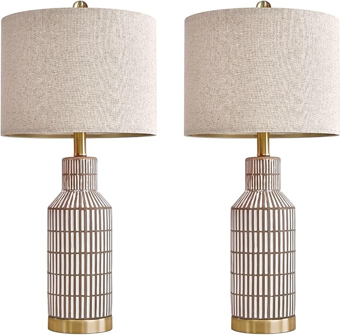 USumkky 25" Table Lamps Set of 2, Modern Ceramic Bedside Lamps - Farmhouse Brown Nightstand Lamps for Bedroom, Boho Living Room End Table & Office Desk Decor