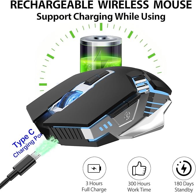 Bluetooth Gaming Mouse, RGB Rechargeable USB Wireless Mouse, Quiet Click, LED Backlit, Ergonomic, with Side Button, 6 Button, DPI Adjustable, Computer Mice for Laptop PC MacBook Chromebook - Black