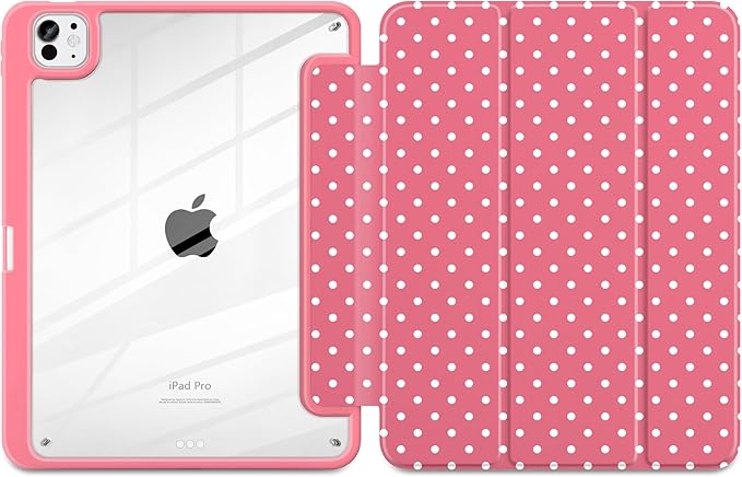 Case for iPad Pro 11 Inch (M5 2025 M4 2024) – [Built-in Pencil Holder], Shockproof & Stylish, Clear Hard Back + Soft TPU Edge, Magnetic Trifold Stand, Auto Wake/Sleep, Rose red White dot