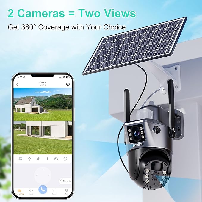 SANSCO 2K Dual Lens Solar Security Camera Wireless Outdoor, No Wires Needed, 2.4G & 5G WiFi, 360° PTZ Home Security Camera, Spotlight Color Night Vision, 2-Way Audio, PIR Motion Detection, APP Alerts