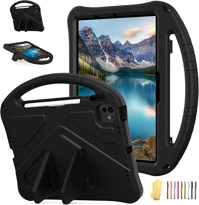 Kids Case for iPad Air 11 inch M4/M3/M2 (2026/2025/2024) with Pencil Holder/Shockproof Handle/Kickstand/Slim Lightweight Soft EVA Foam Folio Stand Tablet Protective Girls Boys Cover, Black